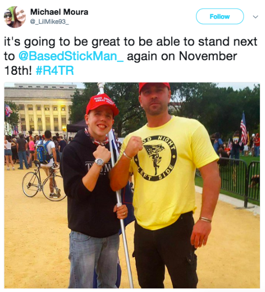 Screenshot of a tweet by Michael Moura @_LilMike93_, image in tweet features Moura and "@BasedStickman" flexing. Both in red MAGA hats and Moura hold a flag. Text of tweet reads "it's going to be great to be able to stand next to @BasedStickMan_ again on November 18th #R4TR
