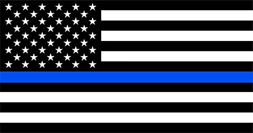 US American flag in black and white, except through the middle which has a blue line representing police