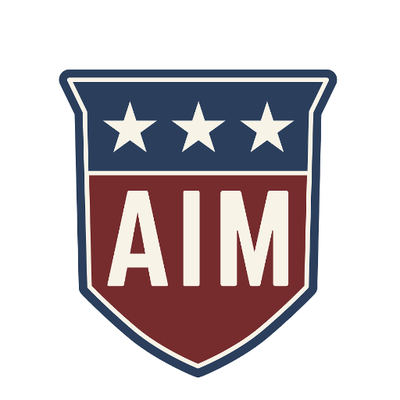 Shield-shaped logo in red white and blue. Three white stars on a blue background on the top and on the bottom the text "AIM" in hite on a red background.