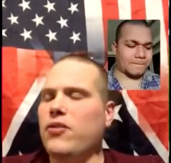 Screenshot of video chat between John Camden and "Tiny". Camden is larger is in front of US flag superimposed with Confederate flag. "Tiny" is in smaller window.