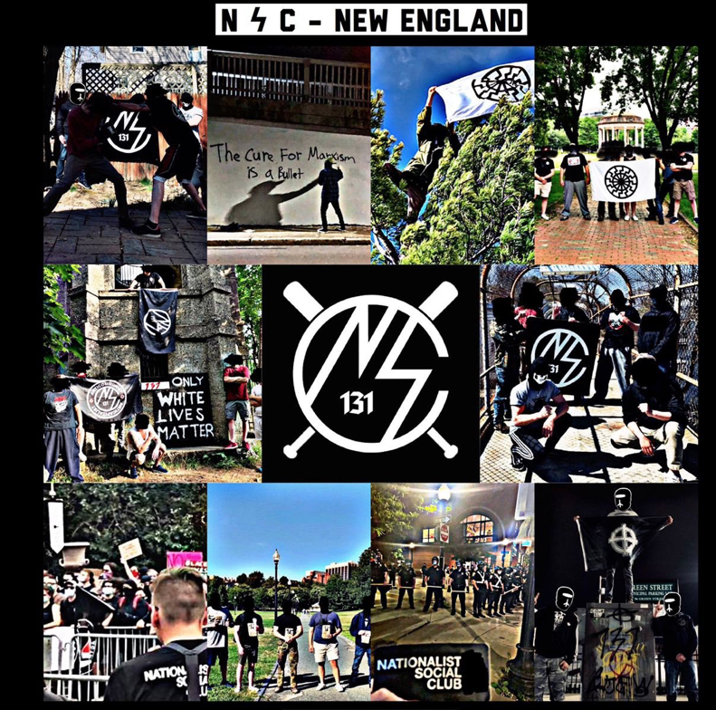 Collage of photos of the Nationalist Social Club. Titled "NSC - New England" with the "S" the "SS" Nazi bolt. Collage includes NSC logo and people at various rallies.