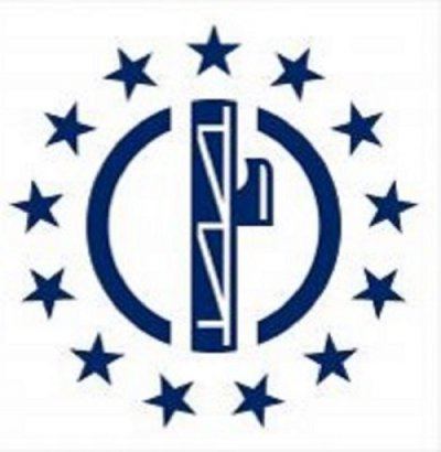 Blue logo on white background. Center of logo is a fasces, a bundle of sticks surrounding an axe, bordered on the sides by two semicircles. That image is surrounded by a ring of stars.