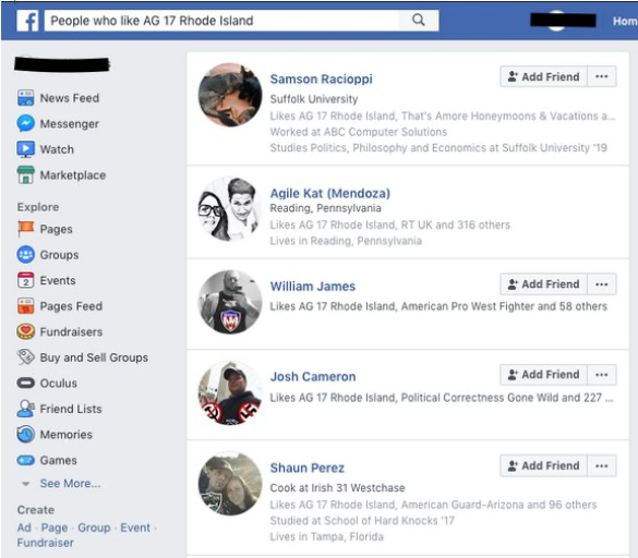 Screenshot of Facebook post of "People who like AG 17 Rhode Island" which shows Samson Racioppi, Agile Kat (Mendoza),William James, Josh Cameron, and Shaun Perez
