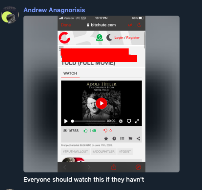 Photo of message from Andrew Anagnorisis saying "Everyone should watch this if they havn't." He was referencing a movie about Adolf Hitler.