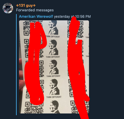 Screenshot of message from user 131 guy forwarding a message from user Amerikan Werewolf that shows a photo of a page with three columns. The outside columns are QR codes, blocked off in red. The middle column shows a column of Hitler's side-profile with the words THINK DIFFERENT underneath. 