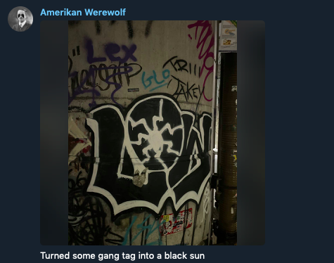 Screenshot of message from user Amerikan Werewolf that includes a photo of the sonnenrad symbol, and a message that reads: "Turned some gang tag into a black sun."