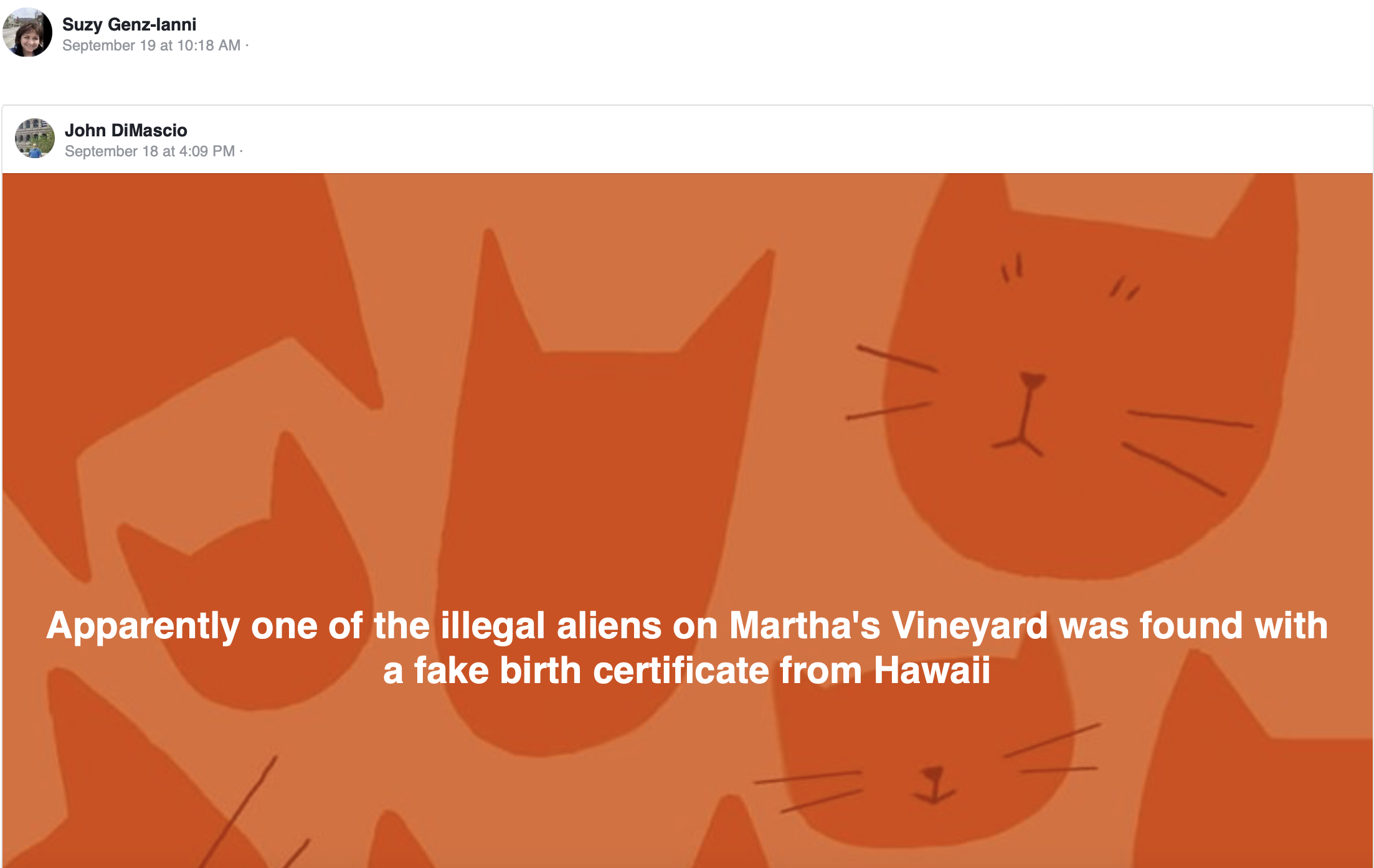 Screenshot of Facebook post by Suzy Genz-Ianni September 19 at 10:18 AM. Repost of an item from John DiMascio September 18 at 4:09 PM. It is an image with orange cats in the background and white text that reads "Apparently one of the illegal aliens on Martha's Vineyard was found with a fake birth certificate from Hawaii"