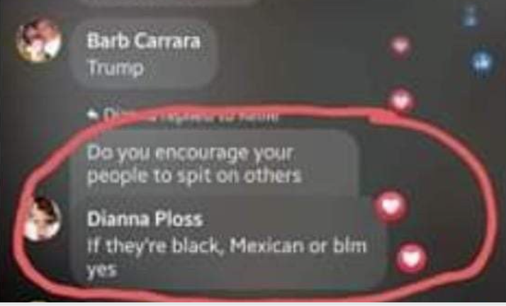 Screenshot of a Facebook comment asking, "Do you encourage your people to spit on others". Dianna Ploss responds, "If they're black, Mexican or blm yes"