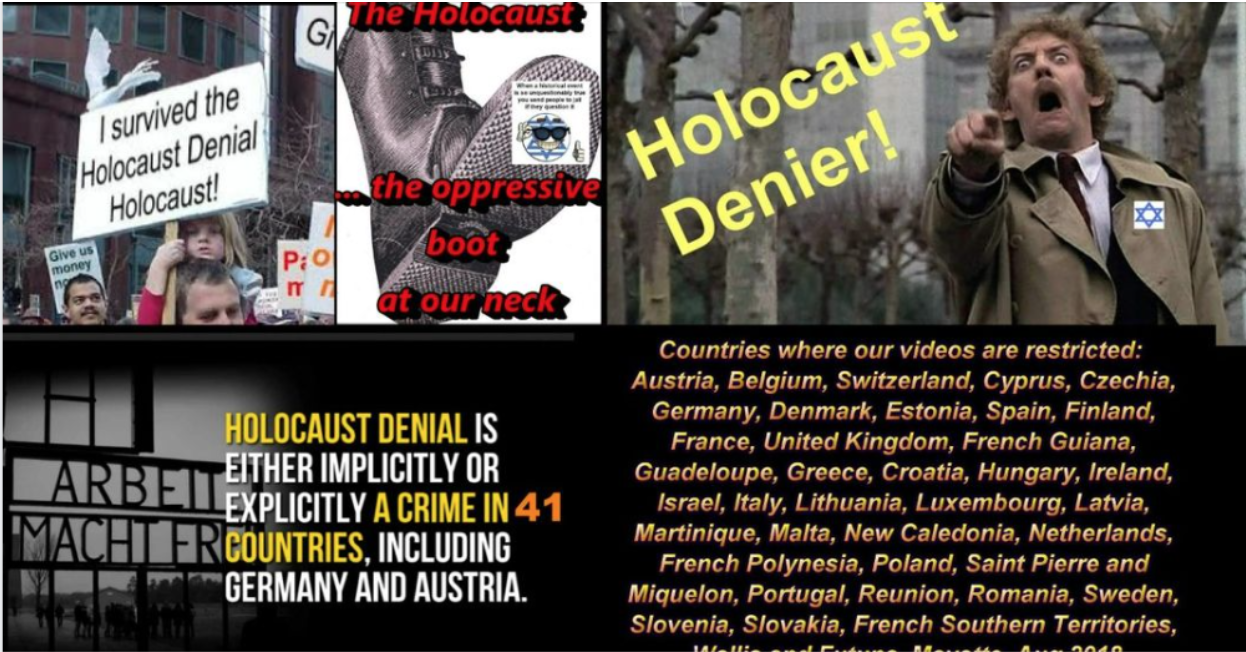 Collage of images showing protest imagery and text saying, "I survived the Holocaust Denial Holocaust!", "The Holocaust the oppressive boot at our neck", "Holocaust denial is either implicitly or explicitly a crime in 41 countries, including Germany and Austria"