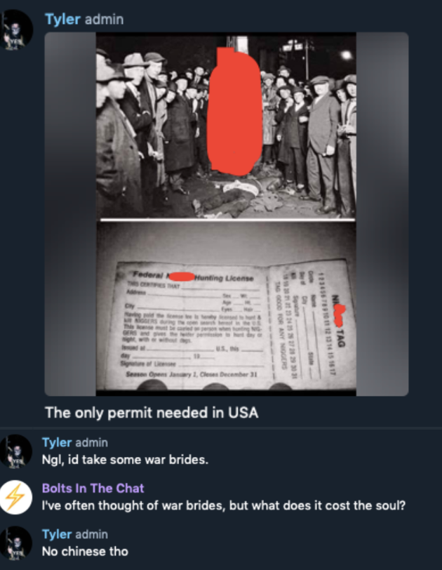 Two images, both screenshots of discord conversations. The top screenshot shows two pictures shared by Tyler: a picture of a lynching and a picture of a "Federal N**** Hunting License" with the caption: "The only permit needed in USA". The bottom image shows a conversation between Tyler and another discord user. Tyler: "Ngl, I'd take some war brides." User: "I've often thought of war brides, but what does it cost the soul?" Tyler: "No chinese tho"